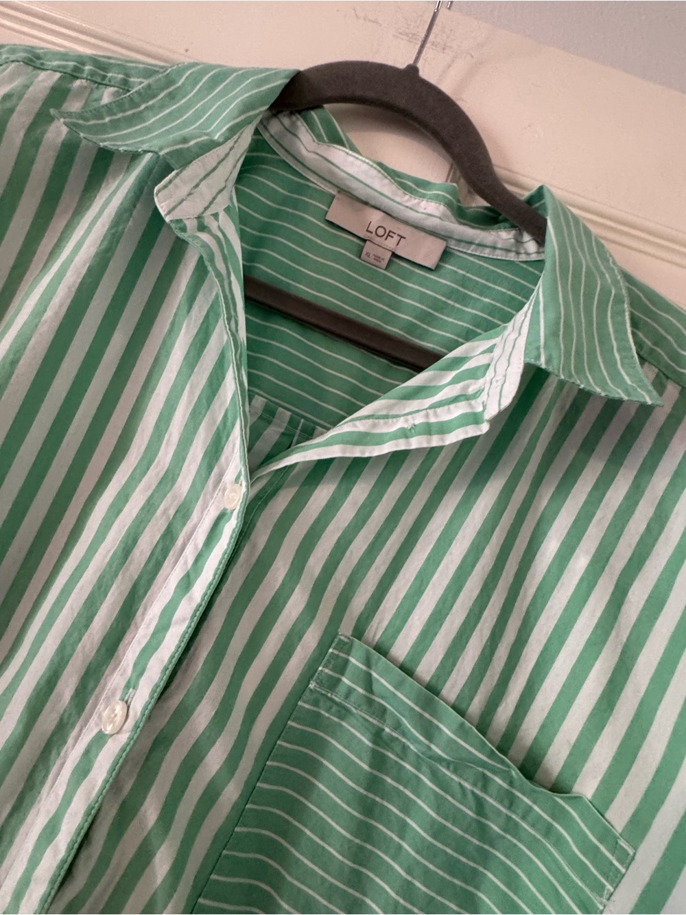 LOFT Mint Green and White Striped Button-Down Shirt - Picture 3 of 4